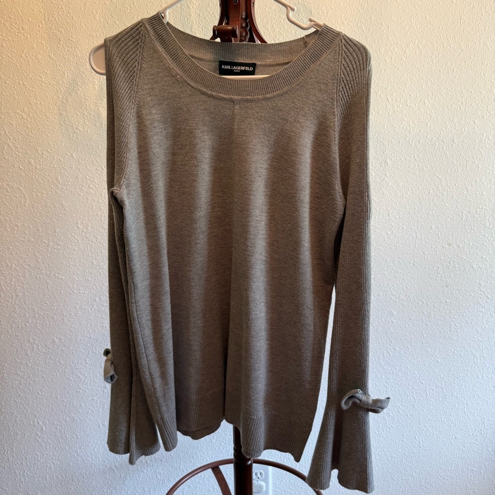 Karl Lagerfeld Taupe Knit Long-Sleeve Top with Knot Cuffs